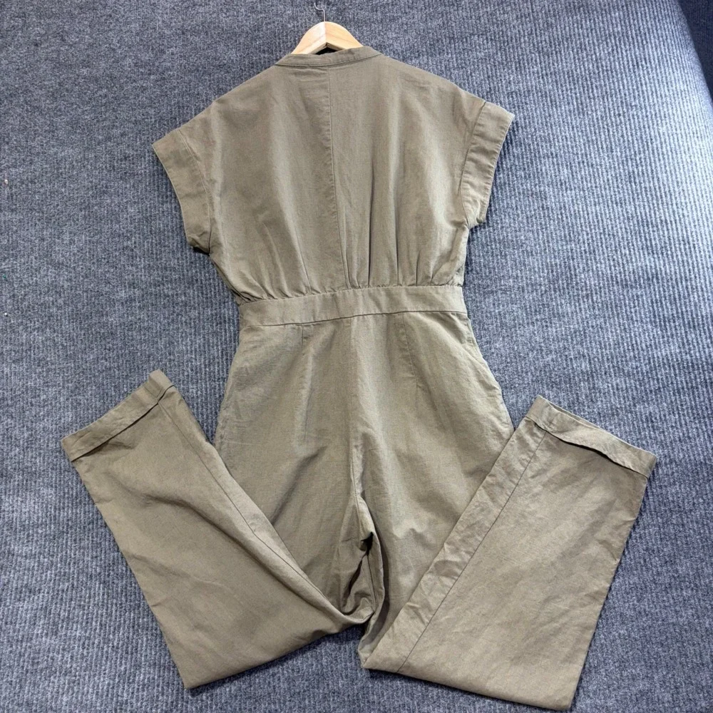 Zara Womens Olive Green Linen Blend Utility Button Front Jumpsuit Size M